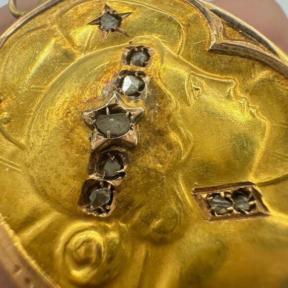 Antique Art Nouveau solid 18kt gold rose cut natural diamonds cameo pendant - Picture 6 of 10